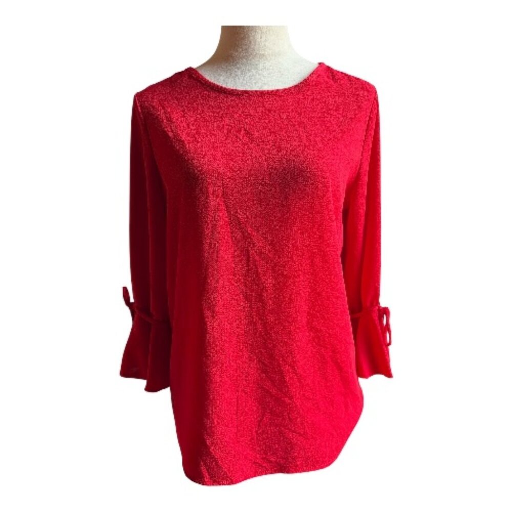 2 Hearts Red Textured Blouse with Tie Cuff Sleeves Woman's Medium (2376)